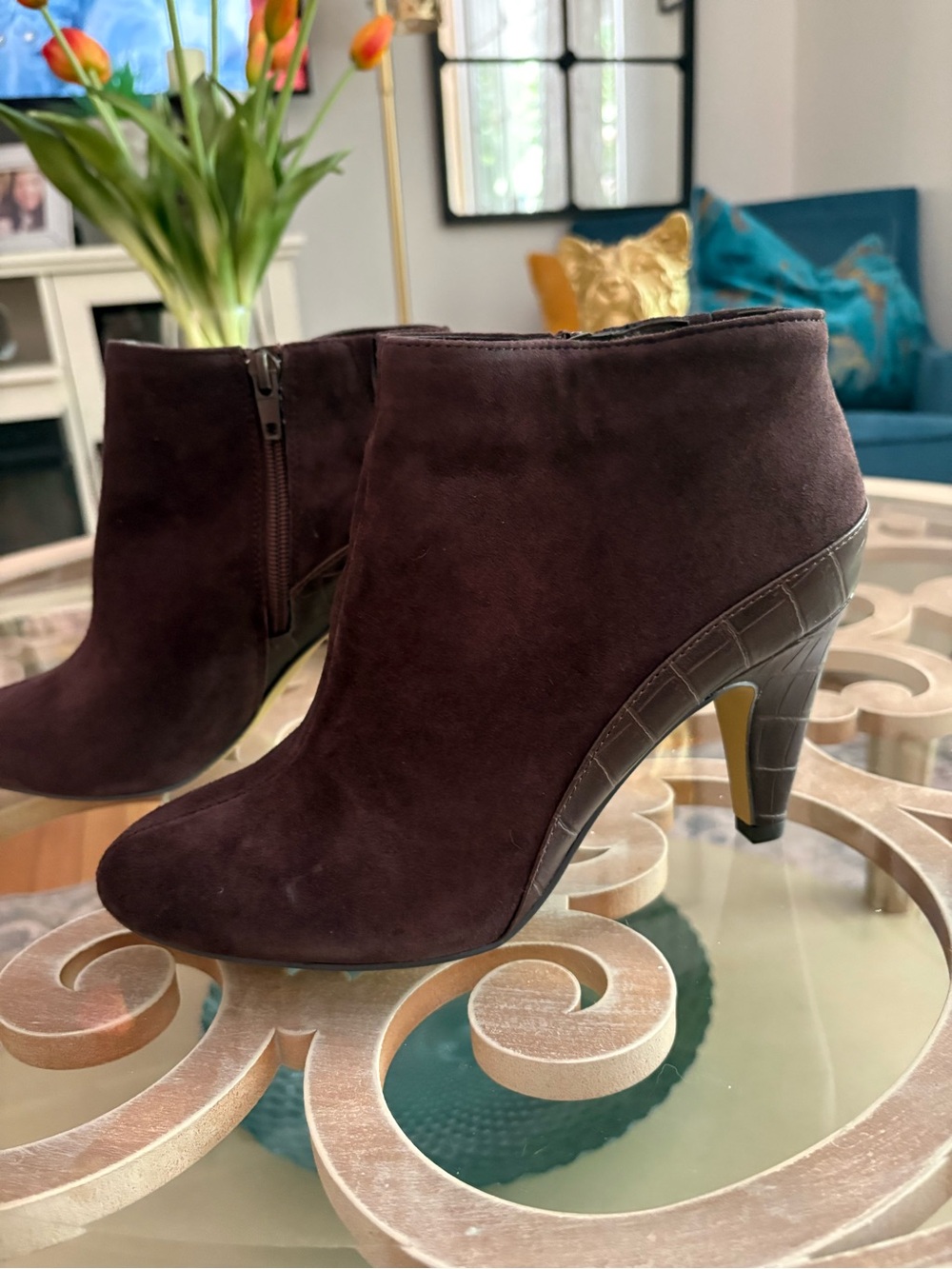 Women’s Dark Brown Suede Ankle Booties with Croc-Textured Heel